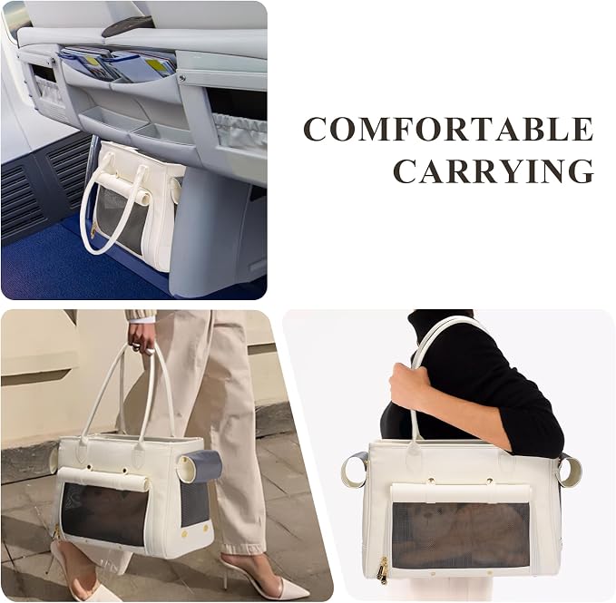 Fashion Pet Carrier Purse for Small Cat and Dog, Luxury Pu Soft-Sided Tote Bag with Large Pockets for Dogs and Puppies (White, 15.8" L x 7.5" W x 11.8" H)