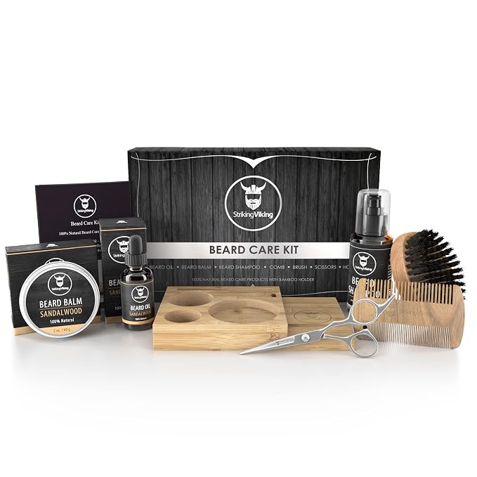 Striking Viking Beard Grooming Kit with Caddy - 7 Piece Set, Sandalwood | Softening Sandalwood Beard Oil & Balm - Brush with Mustache Comb & Scissors - Compact Caddy Organizer & Gifts for Men
