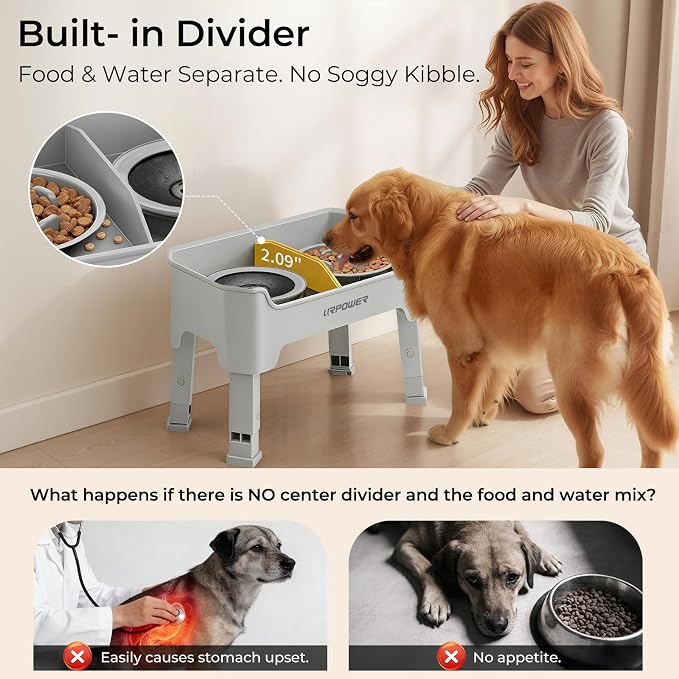 URPOWER Mess Proof Elevated Dog Bowls 4 Height Adjustable Raised Stand | No Spill Water Bowl, Slow Feeder Dog Bowls, Non-Slip Food and Water Bowl Set for Small, Medium & Large Dogs