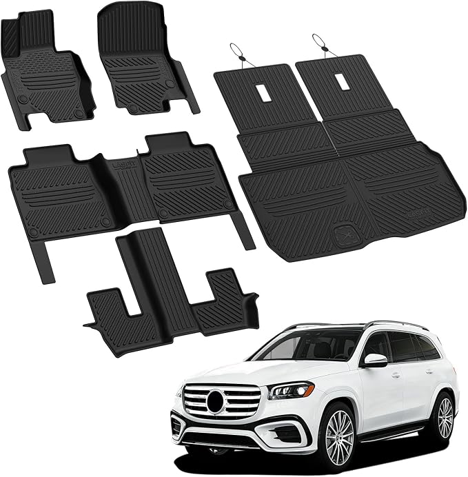 LASFIT Floor Mats & Cargo Mat with Seatback for Mercedes Benz GLS 2020-2026 450/580/ 63 AMG (Fit 7 Seats Without Rear Seat Package), All Weather TPE Custom Fit GLS, 3 Rows & Trunk Mat with Backrest