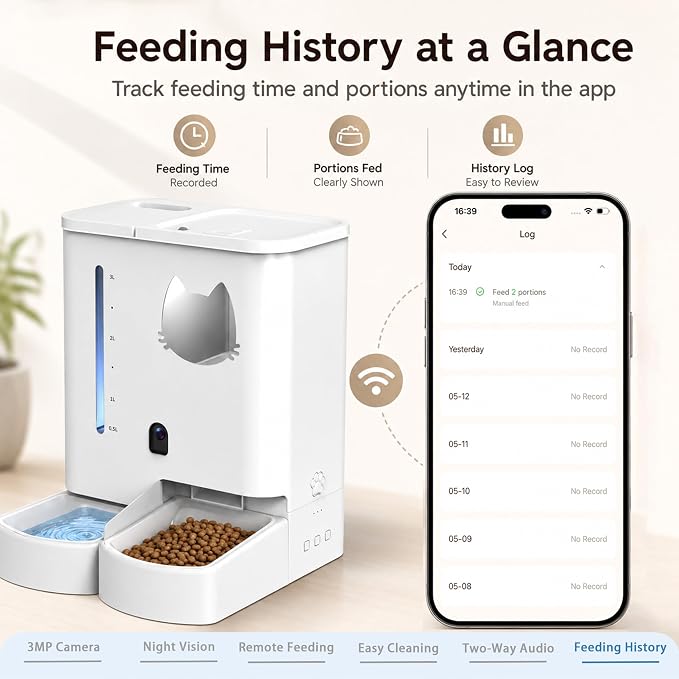 Waithem Automatic Cat&Dog Feeder and Waterer with Camera | 2K Video, 5L Food Capacity and 4L Water Station, 5G/2.4GHz Wi-Fi Control, 2 Weeks Capacity