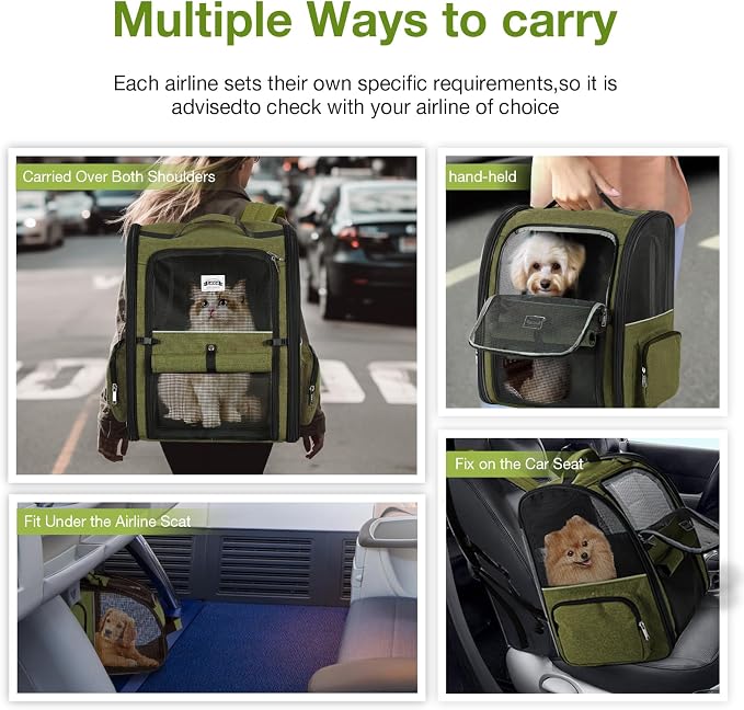 Large Cat Backpack Carrier Expandable Pet Carrier Backpack for Small Dogs Medium Cats Fit Up to 18 Lbs, Dog Backpack Carrier, Foldable Puppy Backpack Carrier for Travel,Dark Green, Large