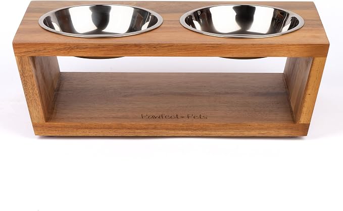 4" Tall Elevated Dog Bowls for Small Dogs, Food and Water Bowl Set by Pawfect Pets (Acacia)
