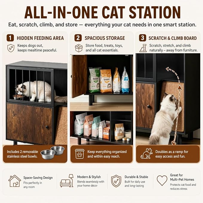Dog Proof Cat Feeding Station with Storage Cabinet& 2 Stainless Steel Bowls, Elevated Cat Food Station with Scratching Board, Modern Wooden Cat House Furniture for Indoor Cats, Large Pet Cabinet