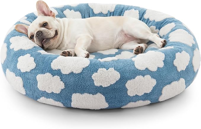 JOEJOY Jacquard Donut Round Small Dog Beds,Blue 27x27x8in, Removable Washable Cover, Cute Pattern, Ultra Soft Fluffy Calming Pet Bed with Thick Supportive Bolster