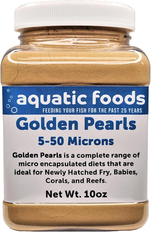 Aquatic Foods Inc. Golden Pearls 5-50 Microns, Powder for New Fry, Babies of Shrimp, Axolotls, Discus, Cichlids, Catfish, Tetras, Angel Fish, Guppies, Bettas, Goldfish, Corals, Reefs...10oz Small Jar