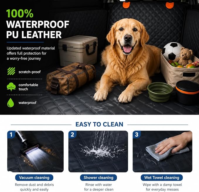 SUV Cargo Liner for Dogs, Heavy Duty Non- Slip PU Leather Dog Trunk Cover for SUV with Bumper Flap, 100% Waterproof Back seat Cover, Universal Fit for Mid-Size & Large SUVs (Dog Paw, L)