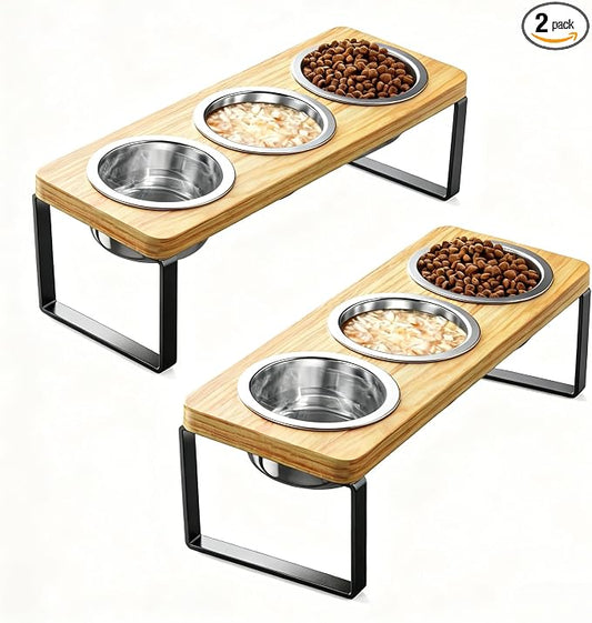 2 Pack Elevated Cat Bowls with 3 Stainless Steel Bowls | 10° Tilted Anti-Vomiting Raised Cat Food Bowl for Small Cats and Puppies Pet Bowl with Stand