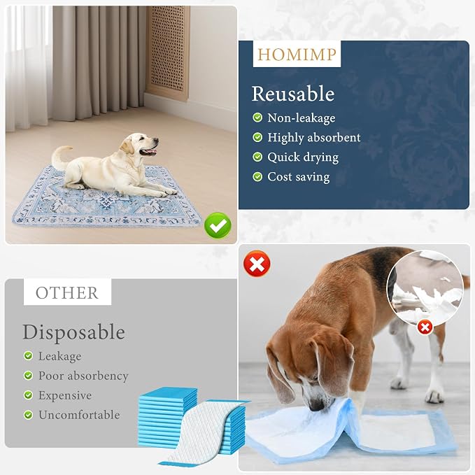 Homimp Washable Pee Pads for Dogs,2 Pack Reusable Puppy Pads Waterproof,Absorbent and Leakproof Dog Pee Pads,Non Slip Puppy Training Pads, Pet Mat for Floor, Crate, Couch, Whelping,Blue, 36"x36"