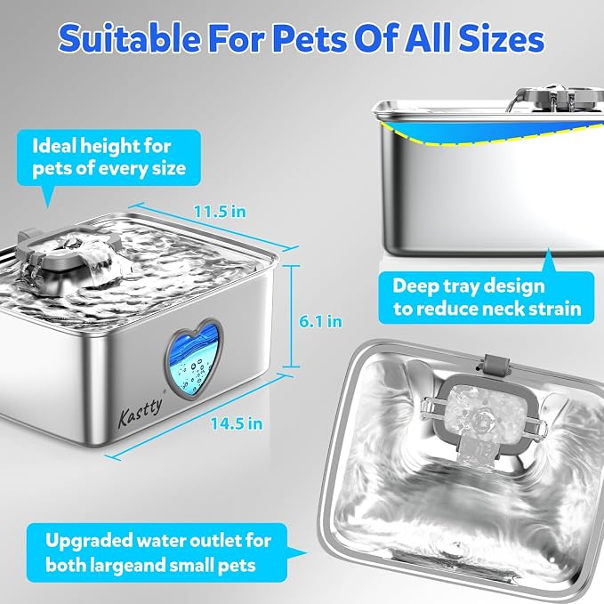 Kastty 4Gal/15L Stainless Steel Dog Water Fountain for Pets, Inside, FS80 | 5-Stage Filtration, Dual-Color LED, Visual Window, Large Medium & Multi-Pet