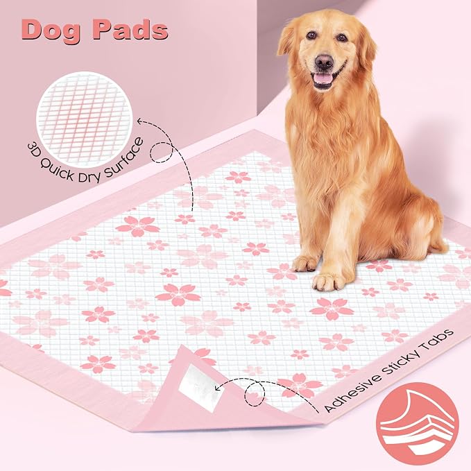 MIZOK Pink Puppy Pads with Adhesive Tabs Disposable Pee Pads 36x36in 100Ct | Giant Potty Pads Feature Sticky Corners and Extra Thick Layers Ideal for Multiple Pets or Big Dog Poop Pads Needs