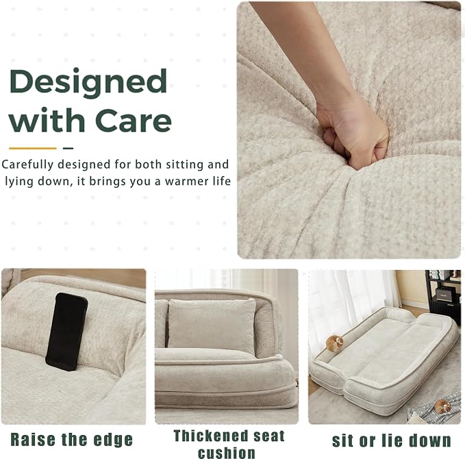 Foldable Lazy Sofa Bed, Double Human Dog Bed for Adults, Beige | Skin-friendly Breathable Soft Chenille Upholstered, 5 Adjustable Backrest Positions, 3 Soft Cushions for Living Room