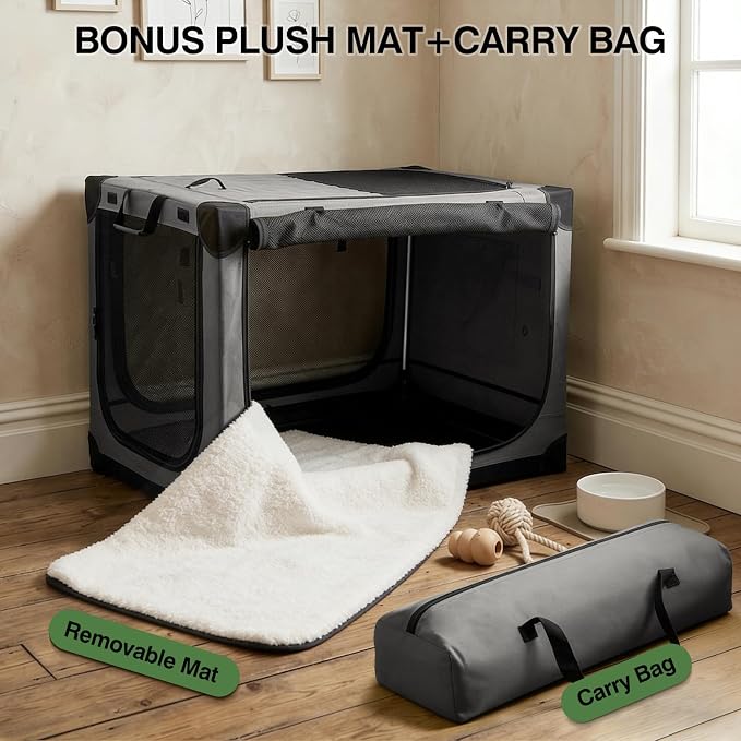 Veraste 42" Soft Collapsible Travel Dog Crate for Large Dogs,Grey | 4-Door Foldable Travel Crate,breathable mesh, foldable with storage bag
