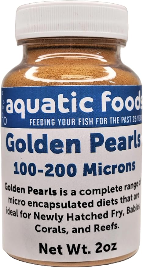 Aquatic Foods Inc. Golden Pearls 100-200 Micron Powder for Fry, Babies of Shrimp, Axolotls, Discus, Cichlids, Catfish, Tetras, Angel Fish, Guppies, Bettas, Goldfish, Corals, Reefs…2oz Bottle