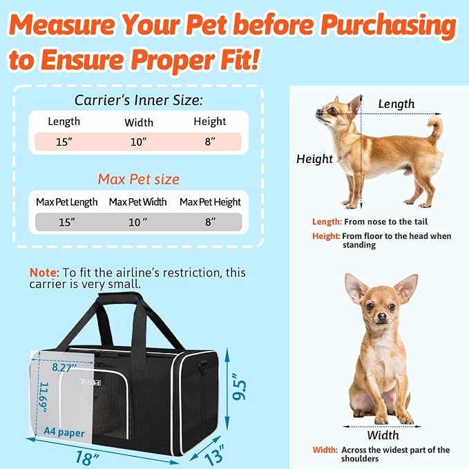 Small Pet Carrier 18"x13"x9.5" with Wheels Airline Approved, Black | for Southwest Airlines, Lockable Safety Zippers and Anti-Scratch Mesh, Pets Under 10 lbs
