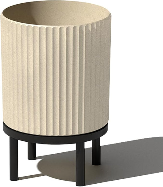 Veradek Demi Series Round Planter w/ Stand for Porch/Patio | Durable Plastic-Concrete & Wooden Stand | Modern Décor for Tall Plants, Flowers