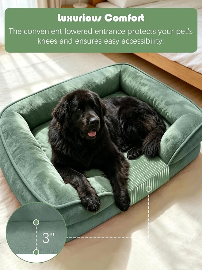 Spotted Play Orthopedic Dog Bed with Sides - Sofa Beds for Extra Large Dogs, Supportive Foam Pet Couch Bed with Washable Removable Cover, Waterproof Lining and Non-Slip Bottom, Green - XXL