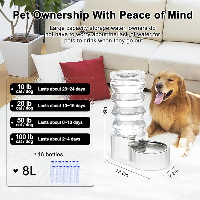 Distributeur d'eau pour chien RIZZARI Gravity : Grande fontaine d'eau automatique en acier inoxydable de 8 L – Conception anti-déversement sans BPA pour grands chiens et foyers multi-chiens – Pour usage quotidien intérieur et extérieur