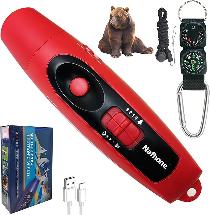 Rechargeable Bear Horn to Scare Bears, 125dB Electronic Air Horn with LED Flashlight & Compass & Thermometer, Electronic Whistle Bear Bells for Safety Hiking Camping Emergency Self Defense