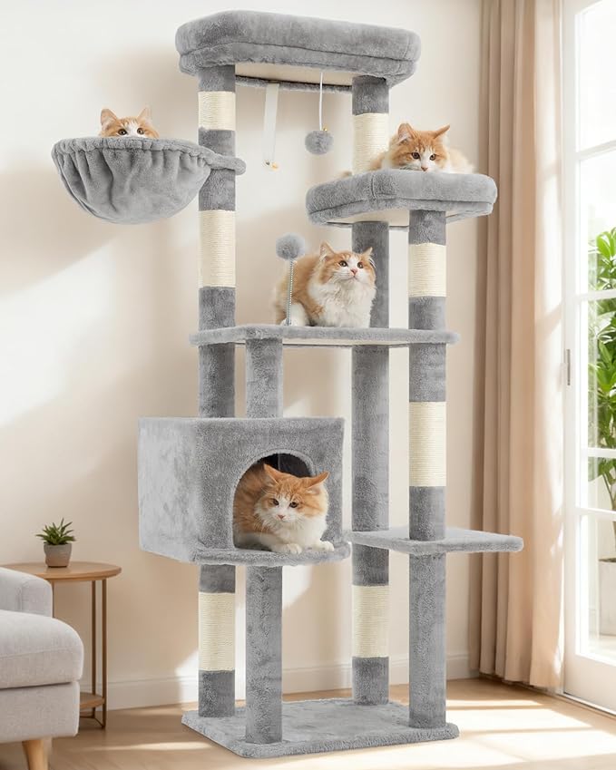 Gitelsnour Cat Tree for Indoor Cats, 55.1 inch Cat Tower with 7 Sisal Scratching Posts, Multi-level Cat Condo wit Large Play Platform Furry Ball, Cat Cave, 2 Padded Perches, Basket, Light Gray GCT013W