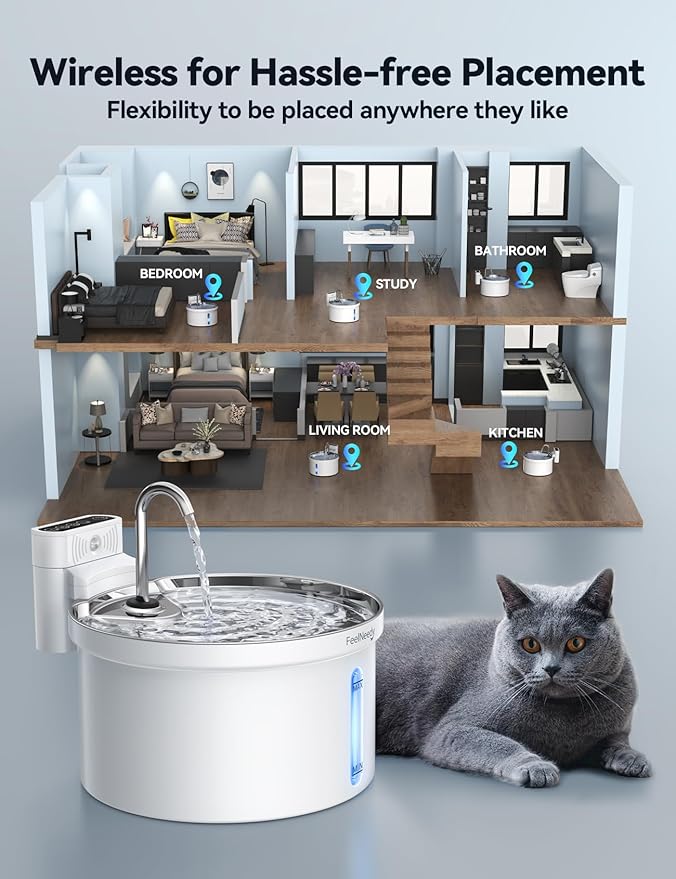 Wireless Cat Water Fountain with Sensor [Water & Battery Separation] FEELNEEDY Smart Pet Water Fountain, 3.5L/118oz 4000mAh Battery Operated Water Fountains for Cats Dogs + 6 Filters
