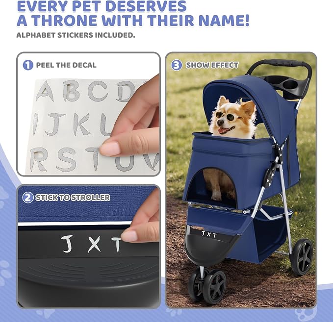 Magshion 3-Wheel Pet Stroller for Small/Medium Dogs Cats, Up to 33lbs, Navy | Foldable Travel Jogger w/ Breathable Mesh Cover, Lightweight Design, Safety Tethers, Cup Holder & Storage Basket