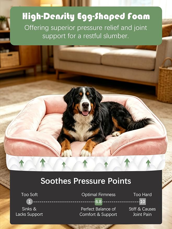 Spotted Play Orthopedic Dog Bed with Sides - Sofa Beds for Extra Large Dogs, Supportive Foam Pet Couch Bed with Washable Removable Cover, Waterproof Lining and Non-Slip Bottom, Pink - XL-Plus