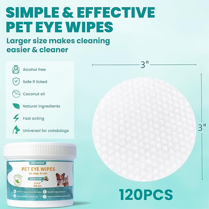 MEDUWEDU Eyes Wipes for Dogs & Cats 120 Counts, Grooming Kit Care for Dogs and Cats, Prevent Tear Stains, Eye Debris, Discharge, Mucus Secretions,Coconut Scent