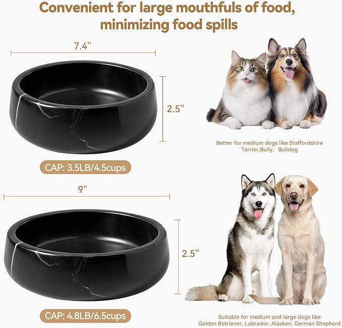Karibiber Black Marble Dog Bowl, 3.5lbs Non Slip Heavy Dogs Food Bowl, Large Weighted Water Bowls for Medium Dogs, Natural Stone Pet Bowl, Holds 4.5 Cups