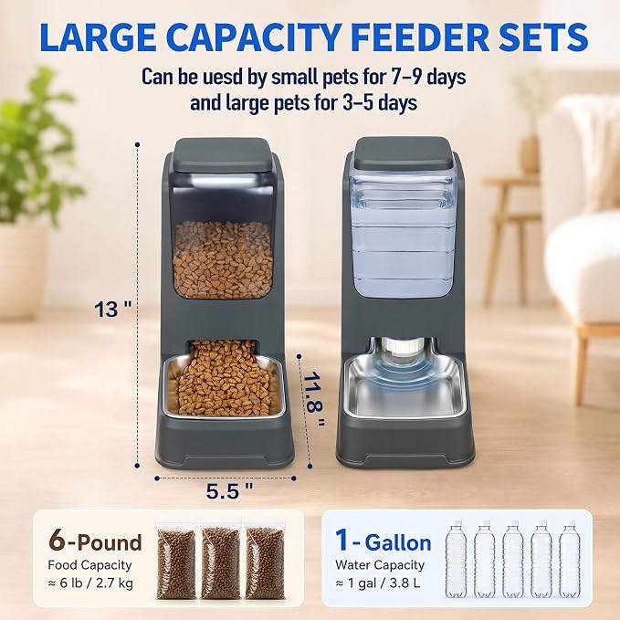 2 Pack Automatic Cat Feeder and Water Dispenser Set with Dog Stainless Steel Feed Bowl Pet Gravity Self Feeding and Waterer Large Capacity for Small Medium Large Dogs Puppy Kitten
