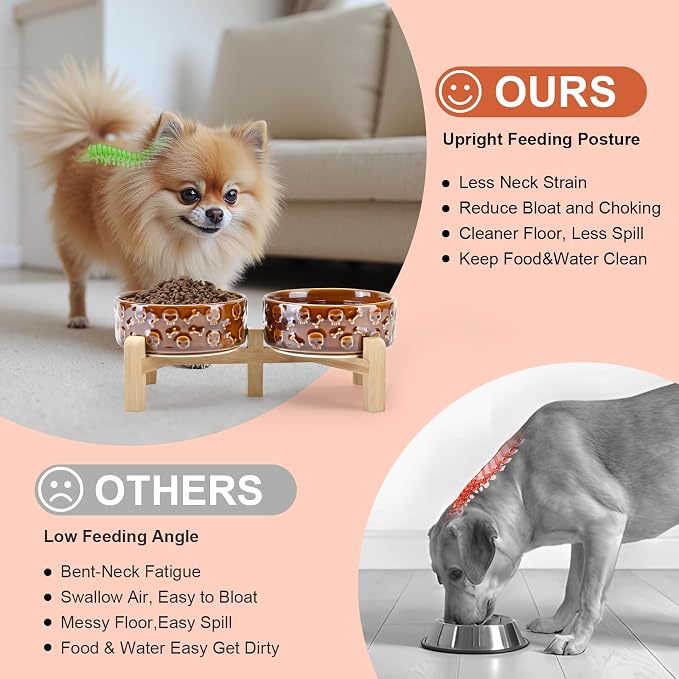 SPUNKYJUNKY Elevated Dog Bowls Ceramic, 5.1'' Dogs and Cat Food Water Bowls Raised with Non-Slip Bamboo Stand for Puppy Small Sized Breed Microwave Dishwasher Safe - 13.5 OZ,Skull Bronze
