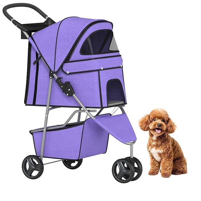 BestPet | 3-Wheel Pet Stroller | Purple | Foldable Dog and Cat Stroller | Breathable Mesh | Lightweight, Waterproof Travel Carrier with Cup Holder & Storage Basket | for Daily Walks & Outdoor Use