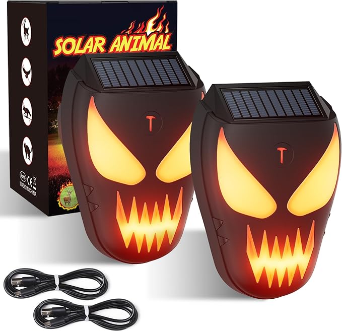 Solar Nocturnal Animal Repeller with Flickering Flame, Waterproof Solar Racoon Repellent Outdoor Coyote Deterrent for Fox, Raccoon, Skunk, Deer - Predator Light for Chicken Coop, Garden (2Pack-Black)