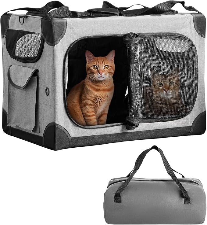 Extra Large 2-Cat Foldable Pet Travel Carrier,24"x17"x17",Gray | Removable Divider, Metal Frame Support, Breathable Mesh Panels, With Storage Tote & Padded Straps