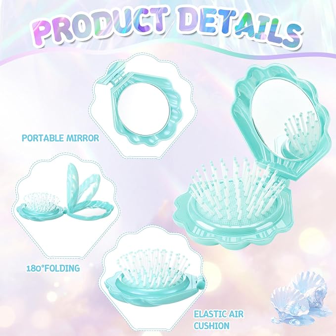 LemonRoad 24 Sets Mermaid Party Favors Shell Hair Brush with Mirror Card, Foldable Mini Travel Compact Hair Brush for Women Birthday, Bachelorette, Under The Sea, Beach Party Gifts(Teal)