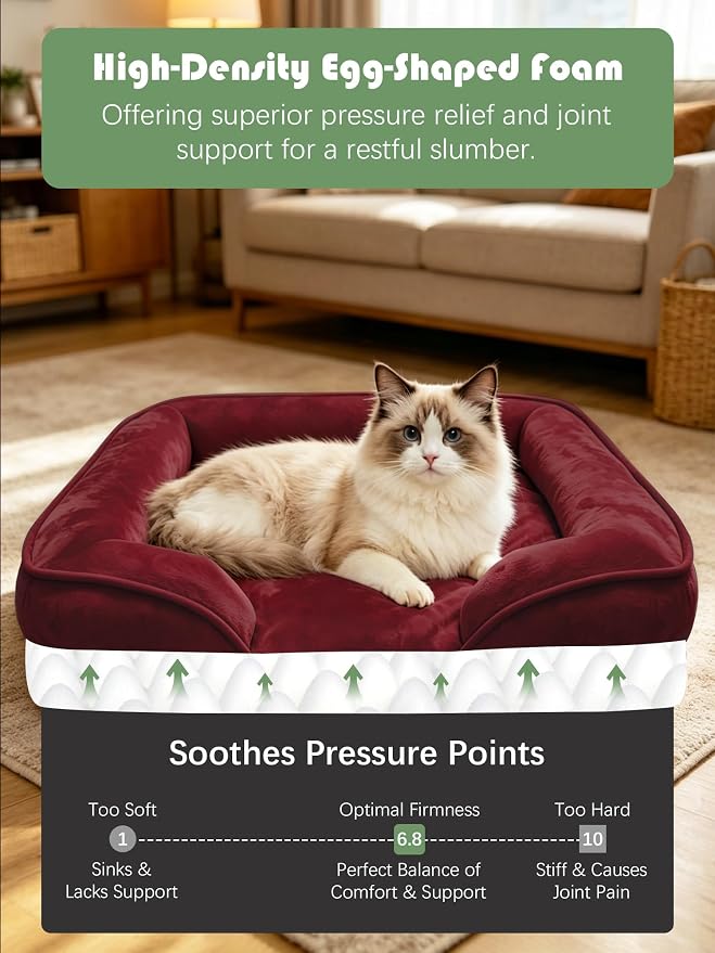 Spotted Play Orthopedic Dog Bed with Sides - Sofa Beds for Small Dogs, Supportive Foam Pet Couch Bed with Washable Removable Cover, Waterproof Lining and Non-Slip Bottom, Burgundy - S