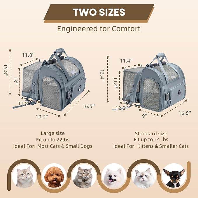 Expandable Cat Carrier Backpack for Large Cats - Airline Approved Pet Carrier Backpack for Small Dogs, Hiking & Travel, Waterproof with Breathable Mesh, 14lbs Capacity (Light Grey, Standard)
