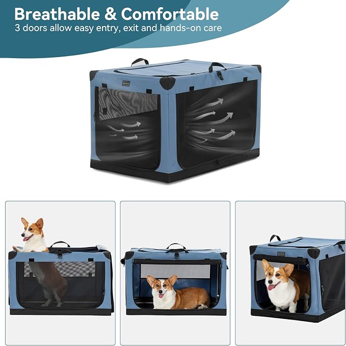 PETSFIT 30" Soft Portable Dog Crate – Patented Spiral Sturdy Frame, Collapsible Travel Kennel for Medium Dogs, 3 Mesh Door, Lockable Zippers, Indoor & Car Use Blue