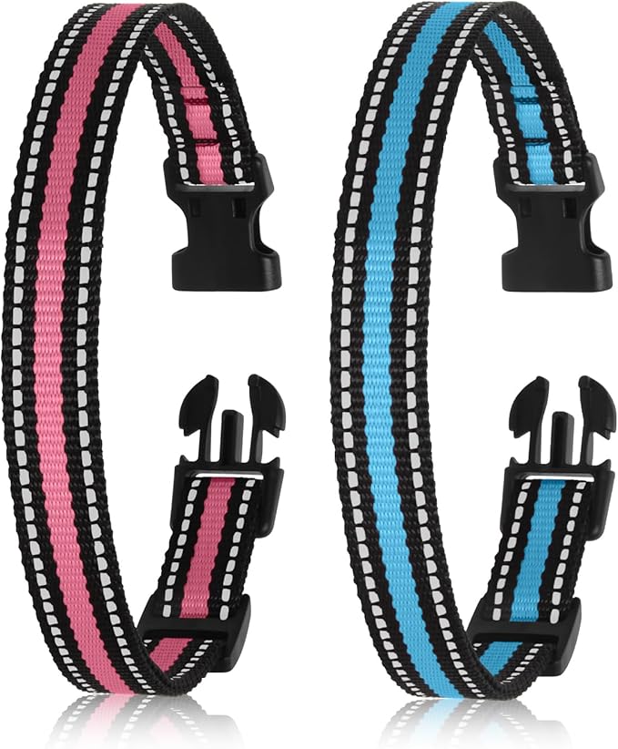 Replacement Collar Strap Fits Dog Training Collar Receiver, Shock Collar & Bark Collar Receiver, Durable Reflective Dog Collar, 2 Pack, Pink & Blue