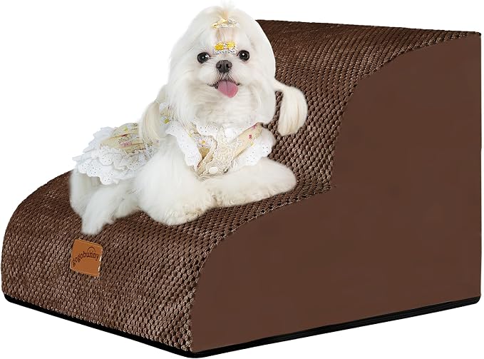 GoGoBunny Ramp Dog Stairs for Couch Sofa and Chair 11.8" H, 2-Step Pet Steps for Small Dogs and Cats, Non-Slip Waterproof Fabric Cover, Stable and Balanced Indoor Step, Pets Friendly, Brown