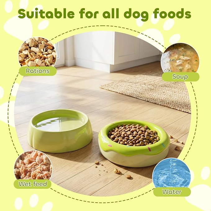 Donut Duo Ceramic Dog Bowl, Dog Water Bowl and Dog Food Bowl, Pet Bowls (Green)