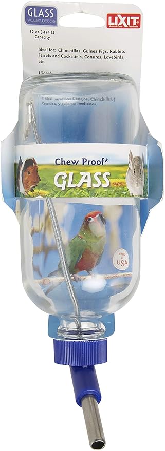 Lixit Glass Water Bottles for Rabbits, Ferrets, Small Birds, Guinea Pigs, Rats, Hamsters and Other Pets (16oz)