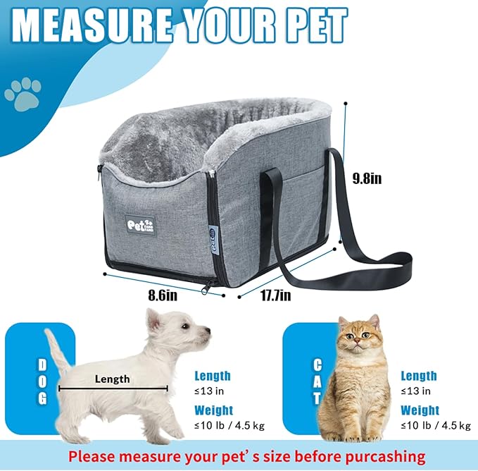 Pet Car Center Console Elevated Armrest Car Seat for Small Puppy, Dogs & Cats (Up to 10 lbs) – Dark Gray Washable Plush Carrier with Safety Leash, Fits Front Vehicle Console Space (Grey)