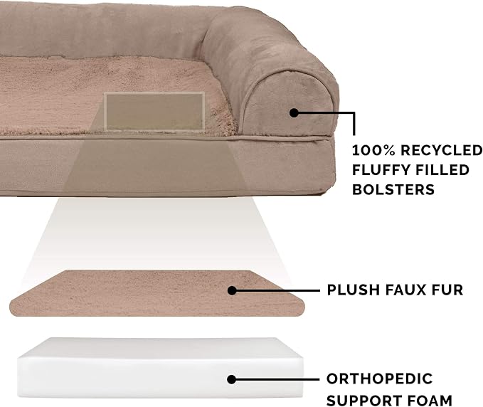 Furhaven Orthopedic Dog Bed for Large Dogs w/ Removable Bolsters & Washable Cover, For Dogs Up to 125 lbs - Plush & Suede Sofa - Almondine, Jumbo Plus/XXL