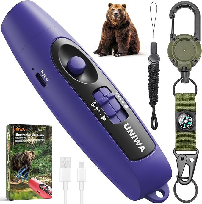 UNIWA Electronic Air Bear Horn, 120±5 dB Loud Air Horn for Safety Hiking Camping Emergency Whistle with Compass & Thermometer, Bear Horn to Scare Bears - Self Defense for Hiking -Blue