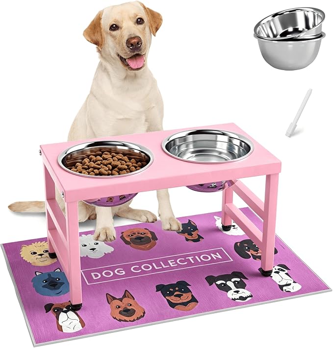 Raised Dog Bowl Stand 10 Inch Tall, Elevated Pet Feeder with 2 Stainless Steel Bowls (1700ml/58oz) & Anti-Spill Silicone Mat for Large Dogs, Stable Metal Frame Feeding Station, Pink