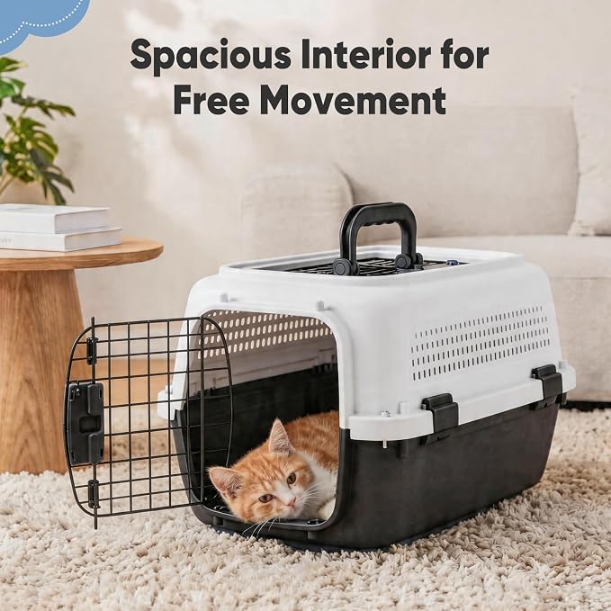 DUMOS 23" Hard-Sided Pet Carrier for Small Dogs & Cats, Airline Approved Travel Crate with Enhanced Security Latches, Front & Top Load Wire Door, Food Bowl for Traveling, Hiking, Camping - White&Black