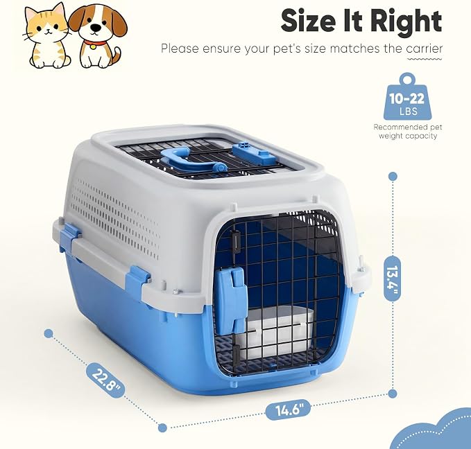 DUMOS 23" Hard-Sided Pet Carrier for Small Pets, 2 Door Cat Carrier - Blue | Airline Approved Dog Crate, Enhanced Security Latches, Front & Top Load Wire Door, Food Bowl for Traveling, Hiking, Camping