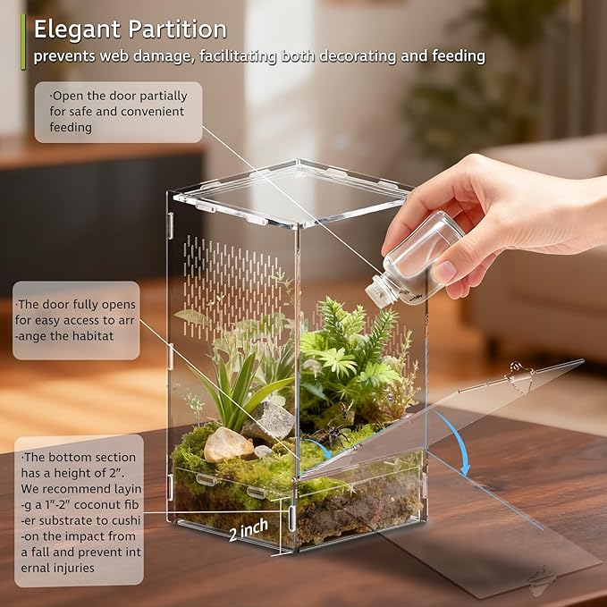 Jumping Spider Enclosure, Front-Opening Acrylic Spider Terrarium with Magnetic Door,Laser-Cut Biomimetic Ventilation System, Escape-Proof for Feeder Insects (6.5"x6.5"x12")