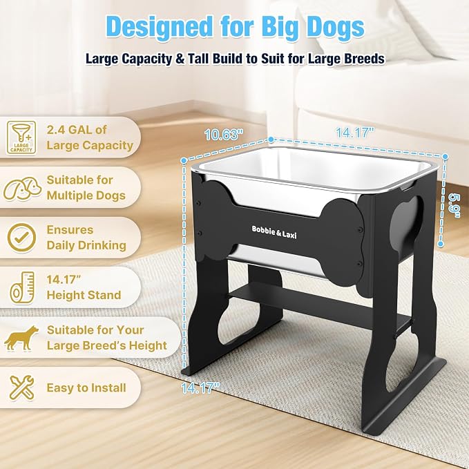 Bobbie & Laxi 14" Elevated Dog Water Bowl, 2.4 Gal Stainless Steel Bowl | Raised Dog Bowl for Large Breed, Metal Dog Feeding Station for Relief Joint Pressure, Easy Clean for Indoor & Outdoor Use